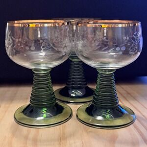 VTG Schott Zwiesel Germany Green Beehive Wine Glasses Etched Grape Gold Rim MCM
